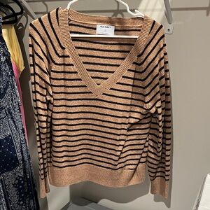 Old Navy Tan and Black Striped V-Neck Sweater